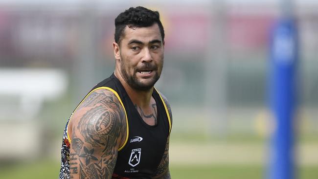 TOWNSVILLE, AUSTRALIA - FEBRUARY 17: Andrew Fifita of the Indigenous All Stars runs the ball during an Indigenous Men's All-Star training session at Townsville Sports Reserve on February 17, 2021 in Townsville, Australia. (Photo by Ian Hitchcock/Getty Images)