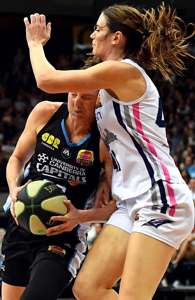 Colleen Planeta (right) had 15 points for the Adelaide Lightning in game three of their WNBL grand final series against the Capitals. Picture: Sam Mooy (AAP).