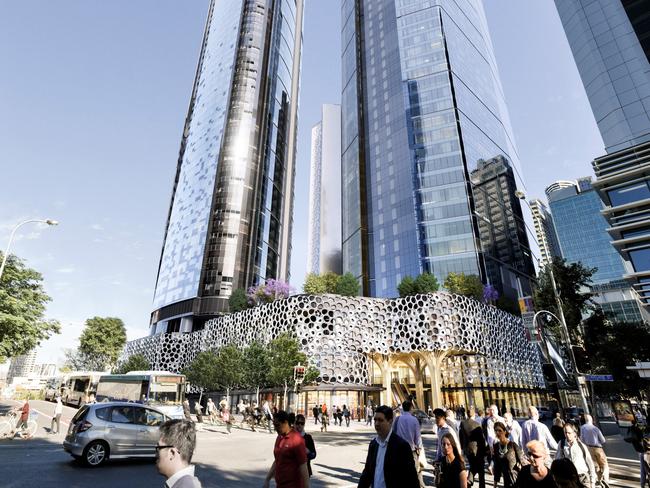 An artist's impression of the Brisbane Quarter from the corner of George and Adelaide streets, showcasing residential building on the left, office tower on the right, and W hotel in the background.