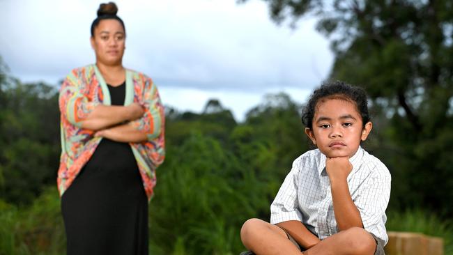 Wendy Taniela with her 5 year old son Cyrus Taniela in a play ground in Upper Caboolture. Picture: AAP, John Gass