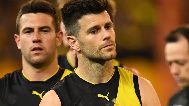 Trent Cotchin of the Tigers reacts after the First Preliminary Final between the Richmond Tigers and the Collingwood Magpies.