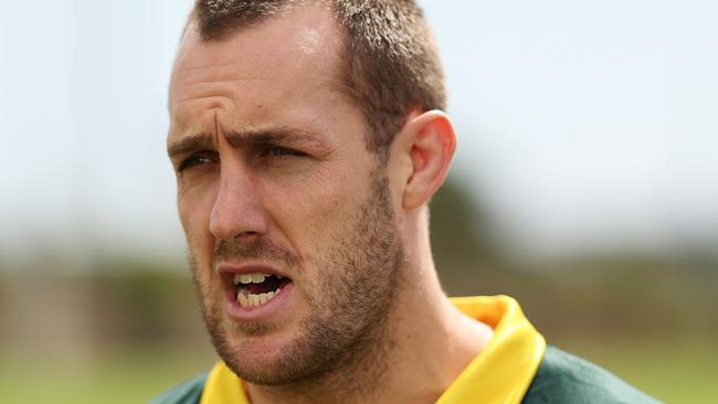 SYDNEY, AUSTRALIA - NOVEMBER 09:  Isaah Yeo speaks to the media during an Australia Kangaroos captain's run at Heffron Park on November 09, 2024 in Sydney, Australia. (Photo by Matt King/Getty Images)