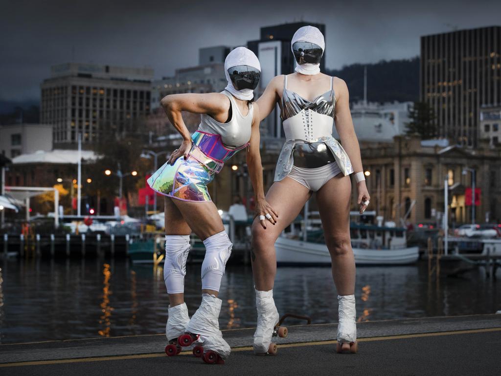 Hallucination and the Crystal Ball artists Bec Collins and Sophie Keegan on the Hobart waterfront – one of the acts cancelled at Dark Fringe Hobart. Picture: Chris Kidd