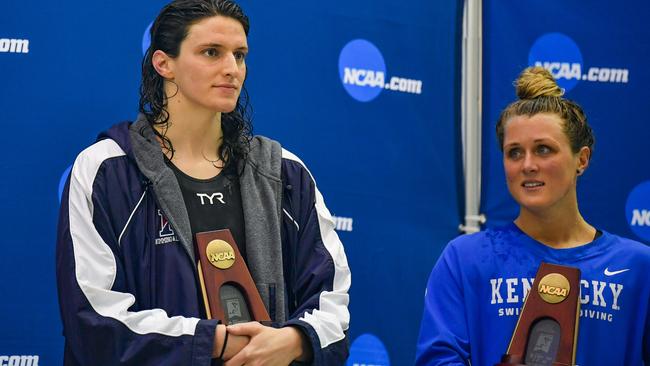 Transgender swimmer Lia Thomas was too quick for Riley Gaines at the NCAA Swimming and Diving Championships in 2022. Photo by Rich von Biberstein/Icon Sportswire via Getty Images.