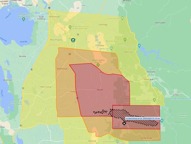 A fire began in an area of state forest west of Nanga Townsite, with residents urged to leave if the way is clear. Picture: DFES