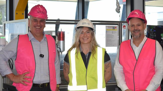 Manufacturing Minister Dale Last, NRLW Cowboys player and TAFE student Makenzie Weale and Cowboys chief executive Jeff Reibel at TAFE Bohle campus, Townsville.