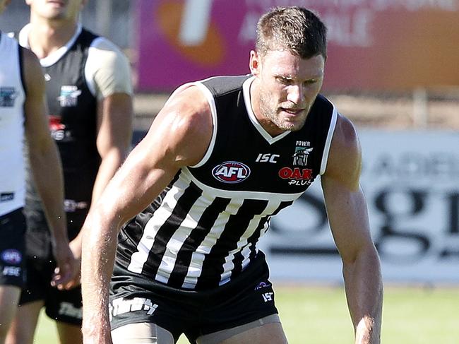 PORT ADELAIDE TRAINING 19/03/19 - at Alberton Oval. Brad Ebert - wearing the prison bar jumper with the no. 35 on the back - a tribute and reminder of former team mate John McCarthy who died nearly 7 years ago - this jumper will be rotated amongst players every week. Picture SARAH REED