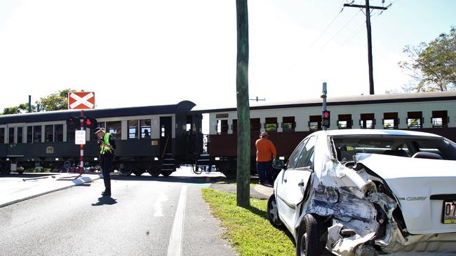 The Kuranda Scenic Railway train hit a late model Toyota Camry this morning. Picture: PETER CARRUTHERS