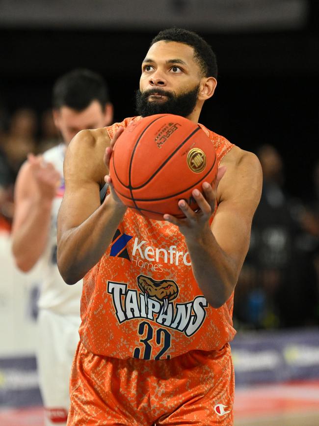 CAIRNS, AUSTRALIA - SEPTEMBER 28: Pedro Bradshaw of the Taipans lines up a free throw during the round two NBL match between Cairns Taipans and Adelaide 36ers at Cairns Convention Centre, on September 28, 2024, in Cairns, Australia. (Photo by Emily Barker/Getty Images)