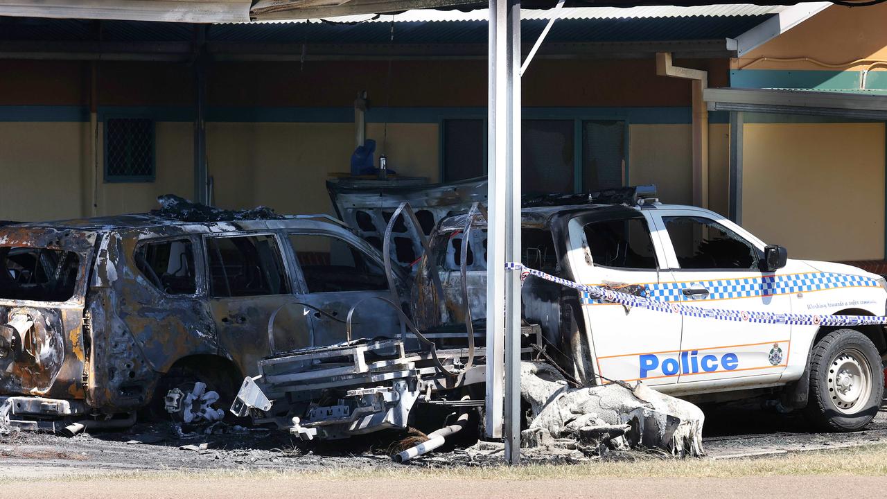 A crime scene was declared at the Lowood Police Station after several police cars and part of a carport were damaged by fire overnight on November 2. Picture: Liam Kidston