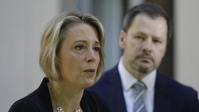 Kristina Keneally and Ed Husic give a press conference at Parliament House in Canberra in 2020. Picture: Sean Davey.