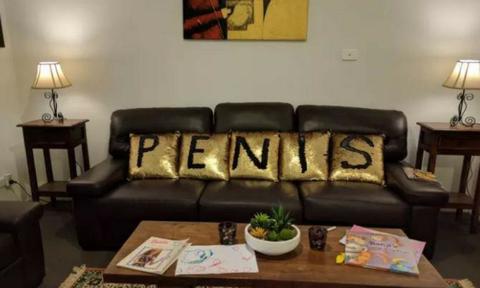 <b>Pillow Play</b> 
<p>This husband got creative with his wife's new sequinned scatter cushions. While some may think five cushions on a three-seater lounge is excessive, the penis really pops against the brown leather and mint wall combo. </p>