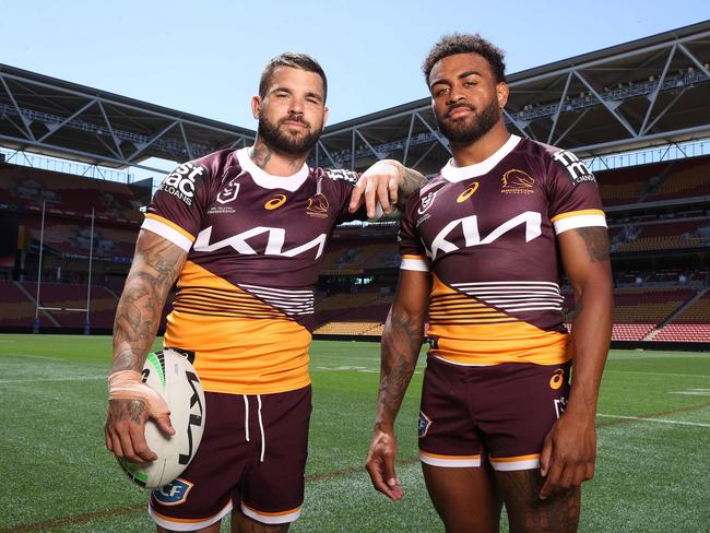 Brisbane Broncos Adam Reynolds and Ezra Mam, Suncorp Stadium, Milton. Picture: Liam Kidston