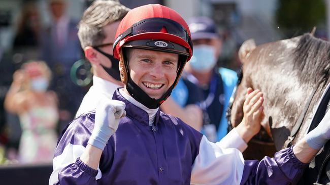 Jye McNeil after winning the 2020 Melbourne Cup on the Joseph O’Brien-trained Twilight Payment. Photo: Scott Barbour/Racing Photos via Getty Images.