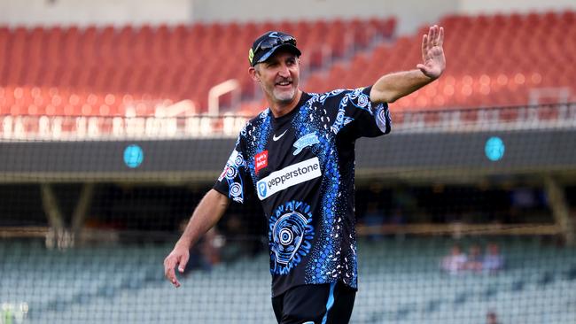 Australian cricket great and current Strikers coach Jason Gillespie in the Strikers’ Indigenous outfit at the Adelaide Oval earlier this year. Picture: Kelly Barnes/Getty Images.