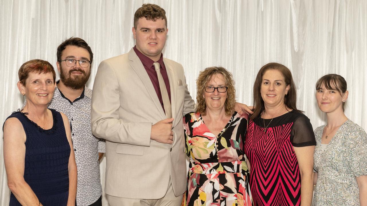 Trudy Johnson, Ben Nicol, Sebastian Franettovich, Barb Lyons, Loretta Payne and Christine Van Nunen at Sarina State High School Year 12 Formal Wednesday 16 November 2022. Picture: Michaela Harlow