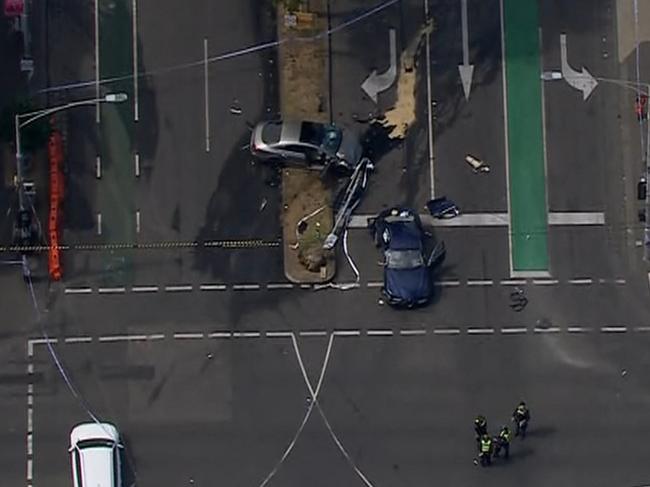 Lygon St / Elgin St Carlton car crash accident- chopper stills. Supplied: 7News