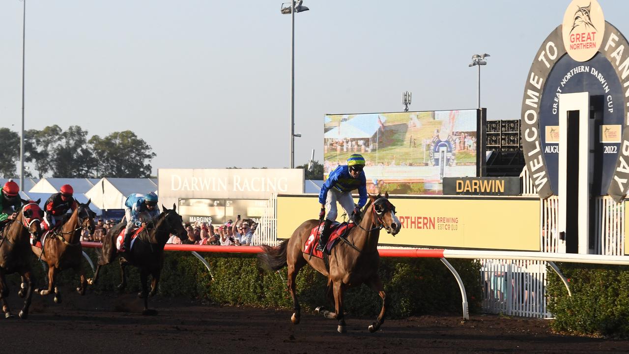 Jarrod Todd rides Playoffs over the finish line to win the Darwin Cup 2022. Picture: (A)manda Parkinson