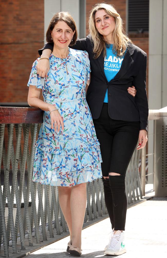 Premier Gladys Berejiklian is joined on the campaign trail by her sister Mary Berejiklian. Picture: Richard Dobson