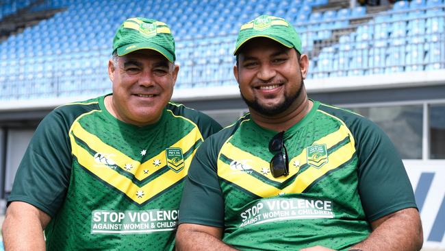 Jope Kikau, brother of Panthers star Billy, with Mal Meninga and Prime Minister's XIII players in Fiji on October 10, 2019. Picture: Nathan Hopkins/NRL Photos