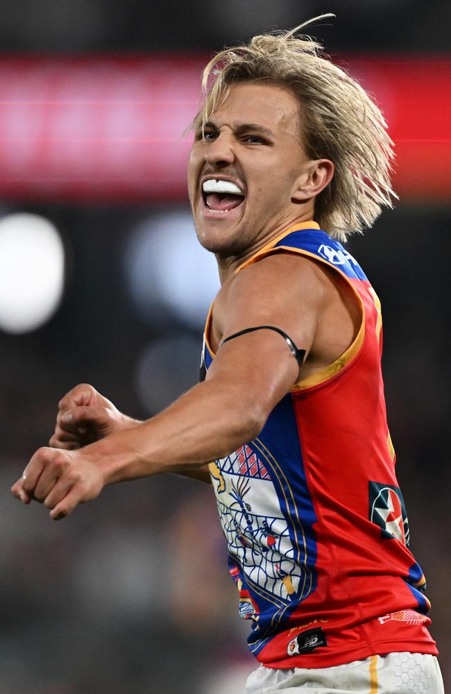 Kai Lohmann celebrates kicking a goal on Sunday. Picture: Daniel Pockett/Getty Images.