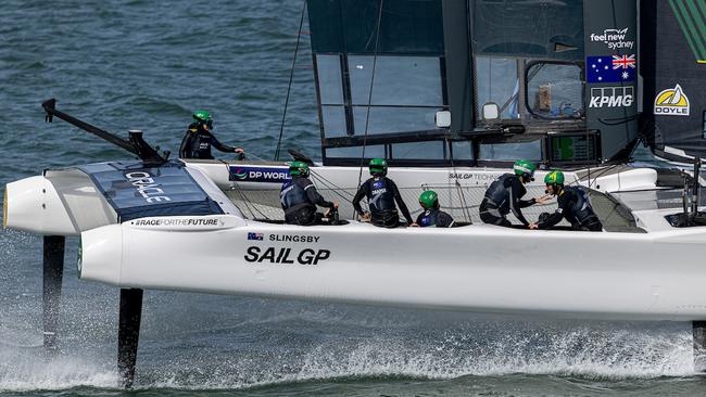 Australia SailGP Team helmed by Tom Slingsby during a practice session ahead of the Oracle San Francisco Sail Grand Prix. Photo: Jed Jacobsohn for SailGP.