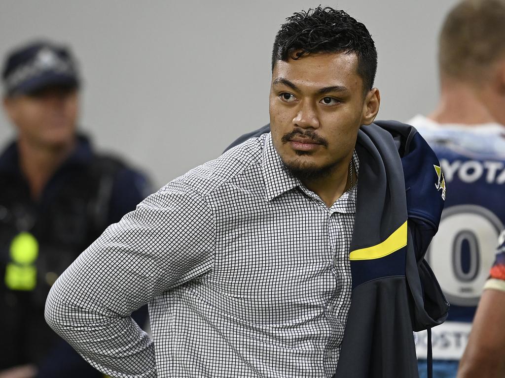 Jeremiah Nanai looks on during the Cowboys’ round 14 NRL match against the Dragons, having injured his ankle in his Origin debut. Picture: Ian Hitchcock/Getty Images