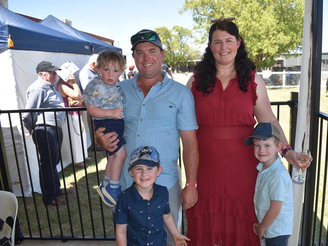 Tyler and Hayley O'Connell, with Toby, Bryce and Daniel from Beaudesert at Warwick Cup race day at Allman Park Racecourse, Saturday, October 14, 2023 (Photo: Michael Hudson/ Warwick Daily News)