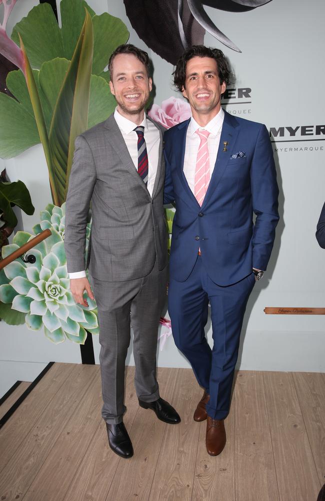 Hamish Blake and Andy Lee pictured at The Birdcage at Flemington Racecourse in Melbourne at the 2015 running of The Melbourne Cup. Picture: Richard Dobson