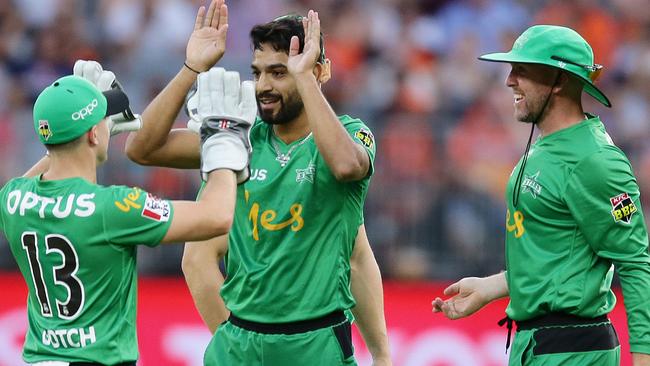 PERTH, AUSTRALIA - JANUARY 15: Haris Rauf of the Stars celebrates after taking the wicket of Cameron Green of the Scorchers during the Big Bash League match between the Perth Scorchers and the Melbourne Stars at Optus Stadium on January 15, 2020 in Perth, Australia. (Photo by Will Russell/Getty Images)