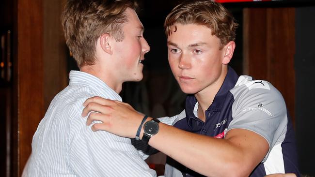 MELBOURNE, AUSTRALIA - DECEMBER 09: Tanner Bruhn celebrates after his name is read out during the NAB AFL Draft on December 09, 2020 in Melbourne, Australia. (Photo by Michael Willson/AFL Photos via Getty Images)