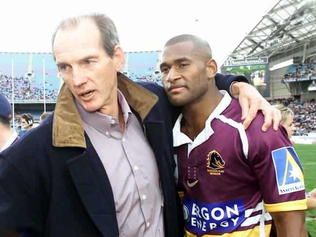 Coach Wayne Bennett with Lote Tuqiri after Brisbane defeated Sydney Roosters in the 2000 NRL Grand Final at Stadium Australia, Homebush, 27/08/2000. Pic David Kapernick.