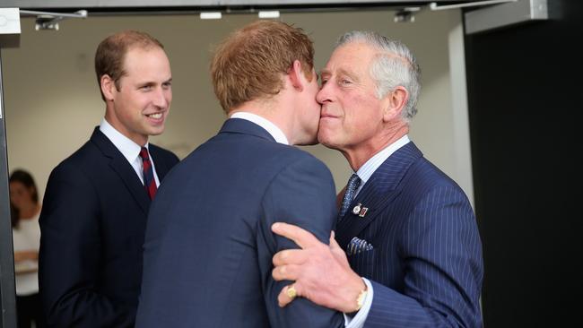 King Charles kisses Prince Harry in 2014 ahead of the Invictus Games Opening Ceremony at Queen Elizabeth II Park in London. Picture: Chris Jackson/Getty Images