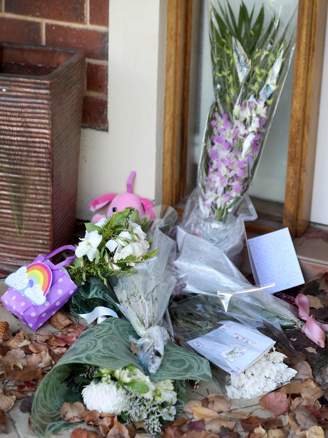 Ann Marie Smith’s home at Kensington Park, with flowers left at the door, after the tragic circumstances that unfolded at the home. 23 May 2020. Picture: Dean Martin/The Advertiser