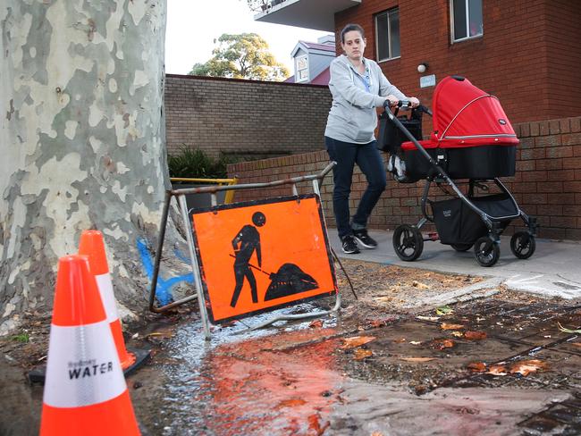 Young mum called Fanny Vachet says the burst water pipe has been leaking for three weeks in Redfern. Picture: Richard Dobson