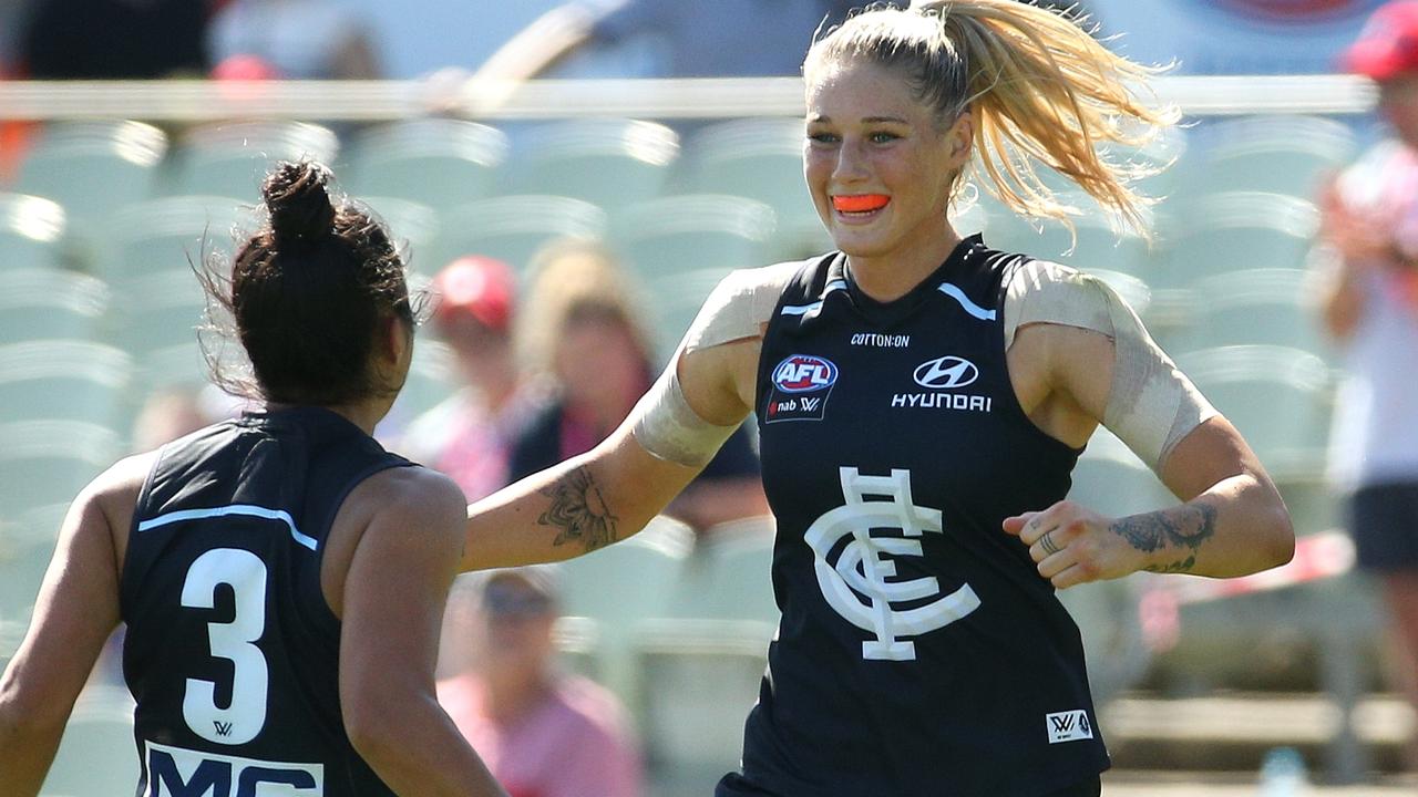 Tayla Harris and Darcy Vescio will open the AFLW season at Ikon Park. Picture: AAP