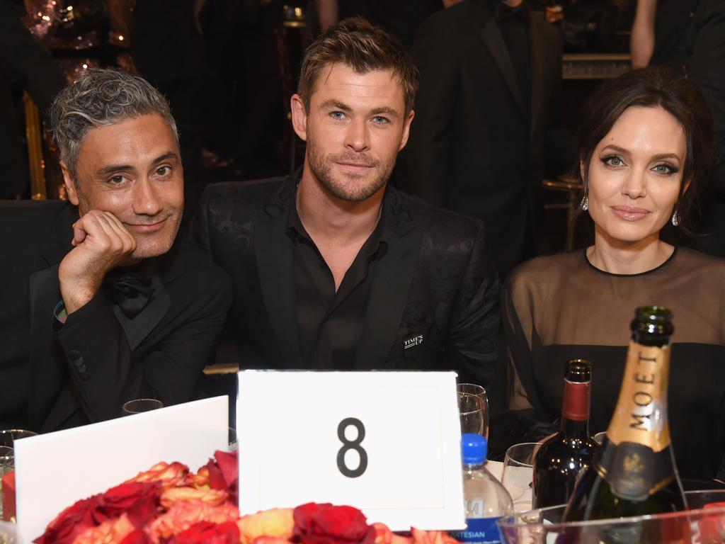 Director Taika Waititi, Chris Hemsworth and Angelina Jolie celebrate The 75th Annual Golden Globe Awards with Moet and Chandon at The Beverly Hilton Hotel on January 7, 2018 in Beverly Hills, California. Picture: Getty