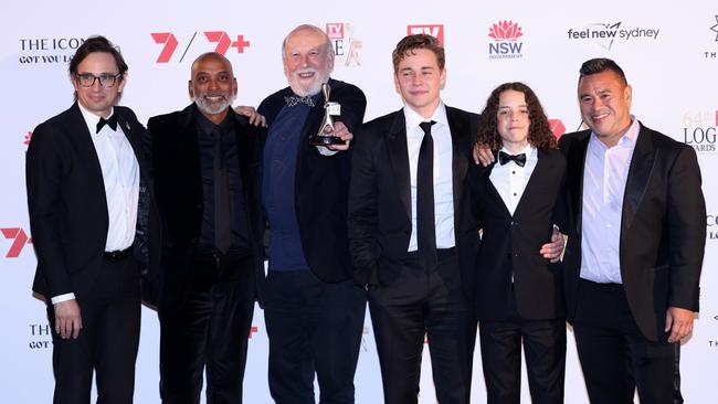 Cast and crew of television show Boy Swallows Universe pose with the Logie Award for Best Miniseries or Telemovie. Picture: Getty