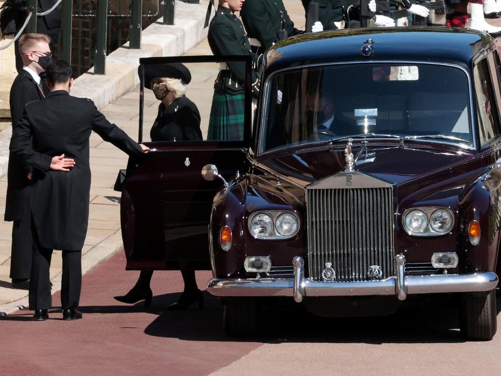 Camilla, Duchess of Cornwall arrives at Windsor Castle for Prince Philip’s funeral. Picture: Getty Images