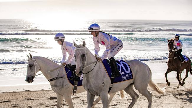 2023 Magic Millions beach gallop - Barrier draw on Surfers Paradise beach on the Gold Coast. Jockeys Rachel King and Jamie Kah. Picture: NIGEL HALLETT