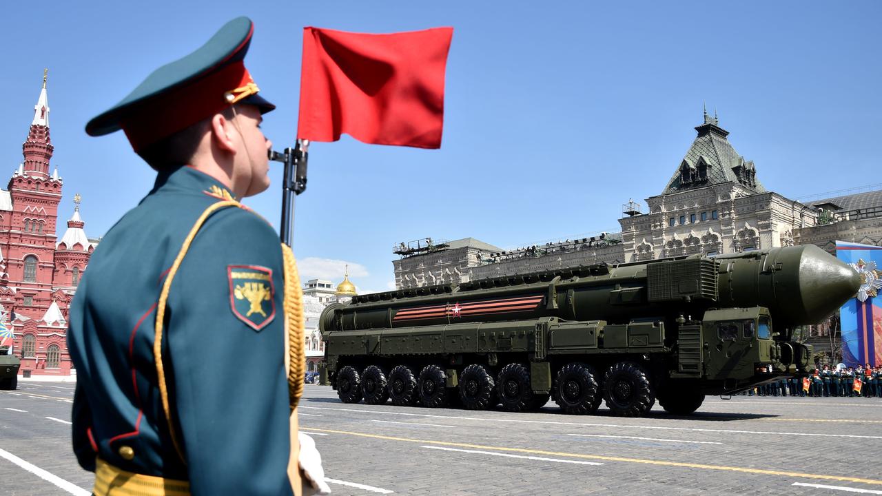 A Russian Yars RS-24 intercontinental ballistic missile system rolls at Red Square in Moscow. Picture: AFP/Kirill Kudryavrsev