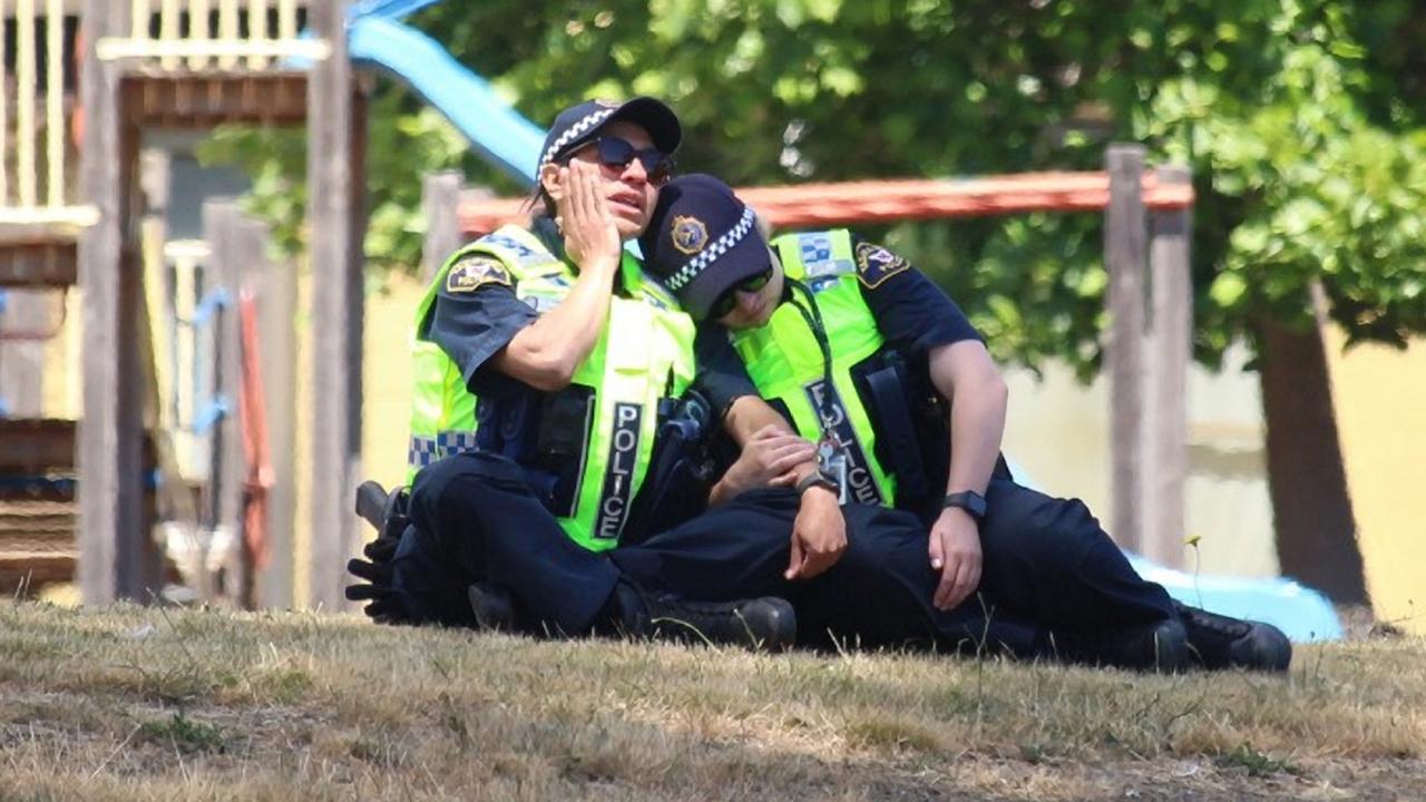 Devastated police officers at the scene of a jumping castle accident where six young Tasmanian children were killed. Picture: Monte Bovill for ABC News