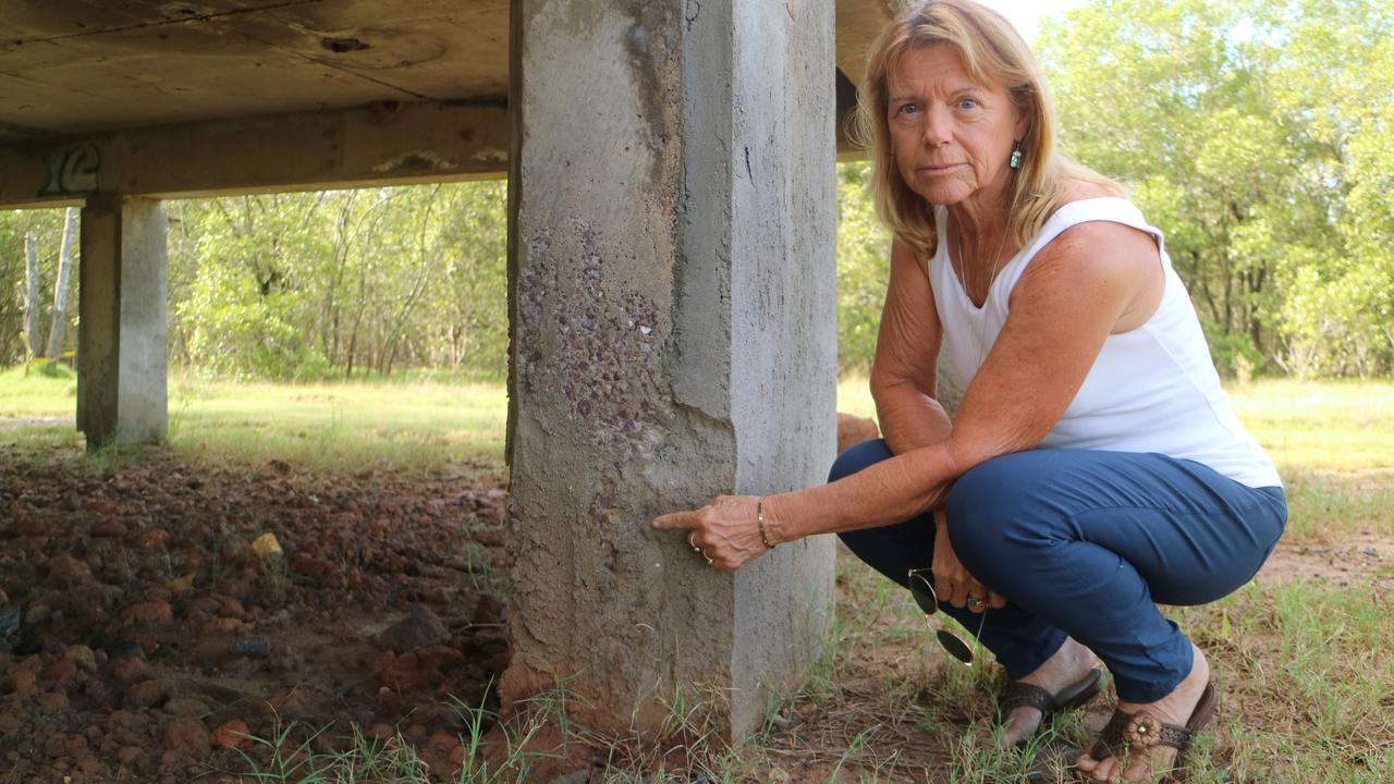 Bernadette Surveson shows corrosion on concrete pillars on her property. Picture: Letea Cavander