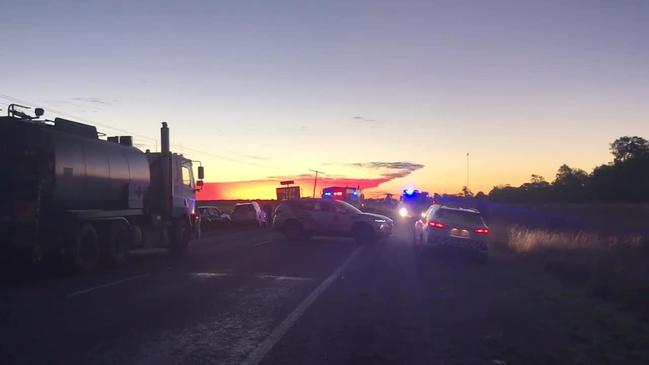 AT THE SCENE: Two vehicles were involved non-fatal crash along the Warrego Highway early this evening. Video footage: Kate McCormack