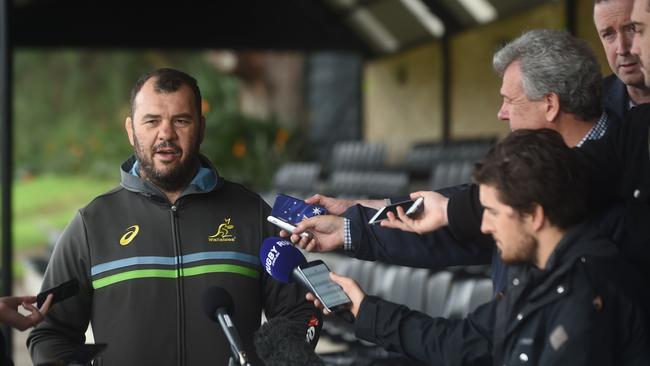 Australian rugby coach Michael Cheika speaks to reporters after a training session in Sydney.