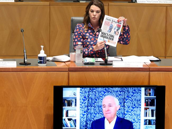 CANBERRA, AUSTRALIA - NewsWire Photos APRIL, 12, 2021: Media diversity in Australia Public Hearing at Parliament House in Canberra. Senator Sarah Hanson-Young with the 29th Prime Minister of Australia Malcolm Turnbull via a video link.Picture: NCA NewsWire/Gary Ramage