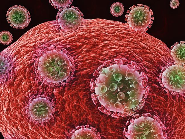 An illustration of the deadly Human Immunodeficiency Virus (HIV/AIDS) viruses surrounding and attacking a host cell.