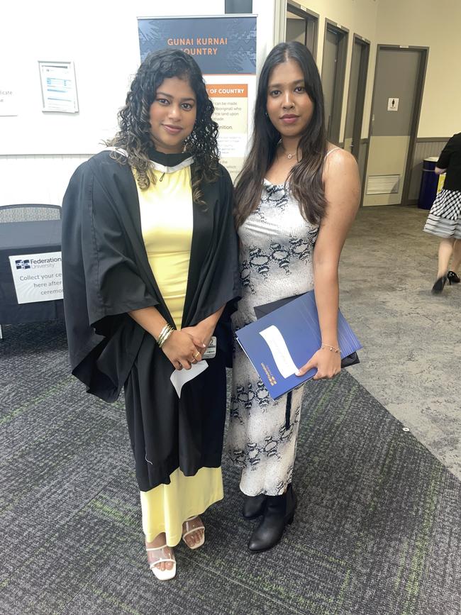 Ann Maria (Bachelor of Nursing) and Jisa Sunny at the Federation University Churchill Campus graduations on Tuesday, March 25, 2025. Picture: Jack Colantuono