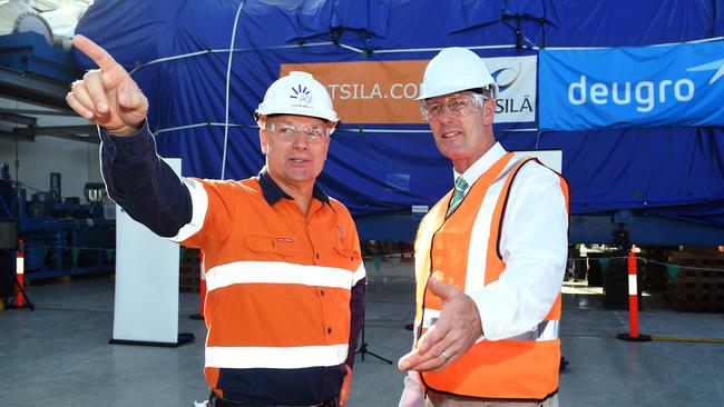 AGL general manager Colin Mills and Energy Minister Dan van Holst Pellekaan inspect the Barker Inlet Power Station development.