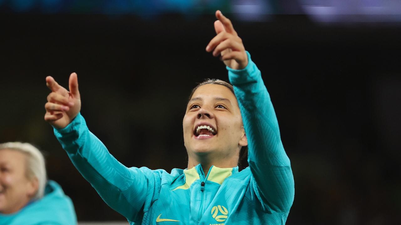 Sam Kerr enjoys Australia’s win over Canada. Picture: Getty Images